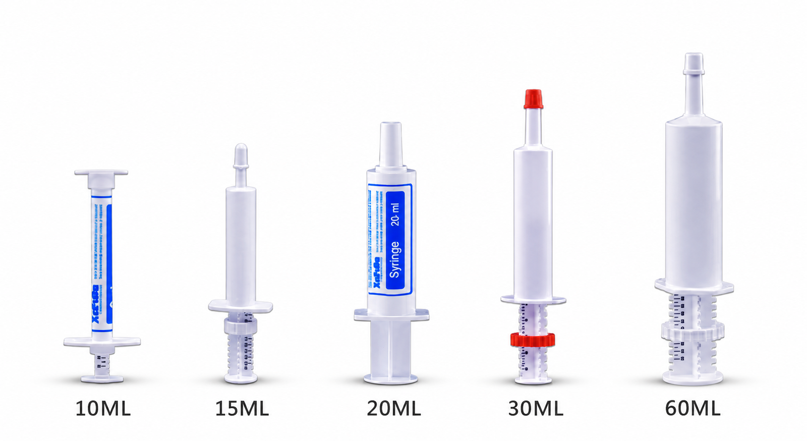 White-background paste syringe formats in 10 mL, 15 mL, 20 mL, 30 mL and 60 mL sizes