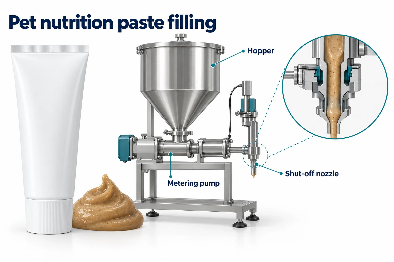 Pet Nutrition Paste Tube Filling: Hopper and Dosing Selection concept illustration