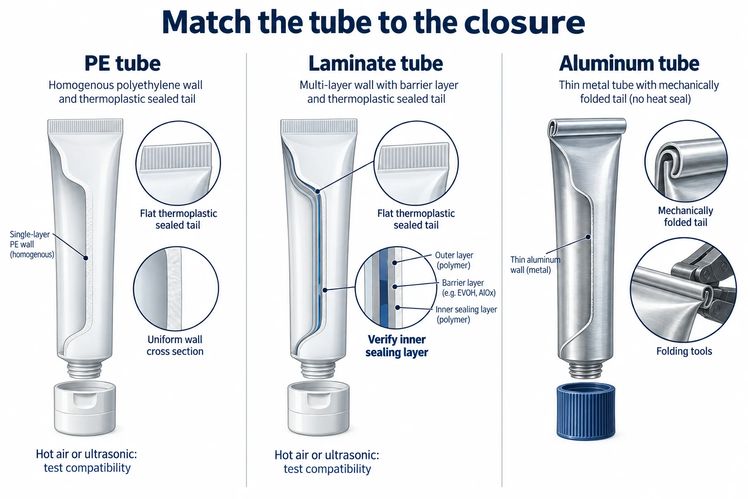 Plastic laminate and aluminum tube bodies with their different tail closures