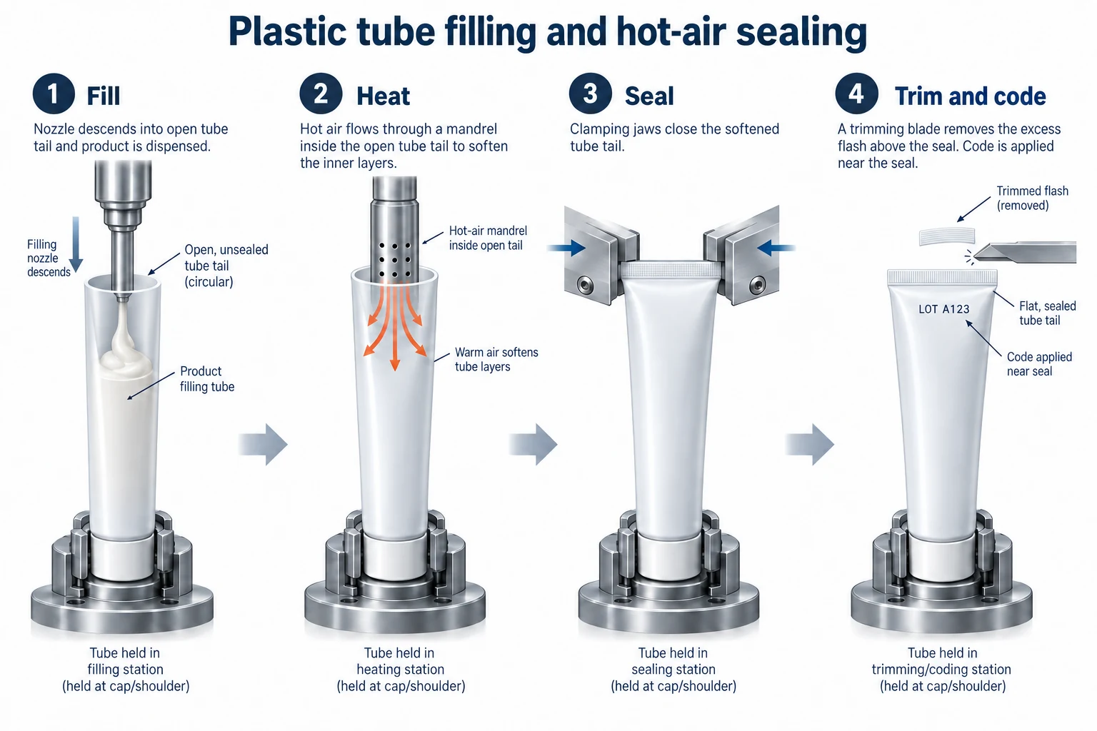 Illustrated plastic tube filling and hot-air tail sealing sequence