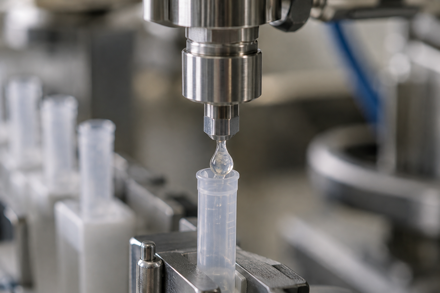 Close-up of a positive displacement dosing head on a gel bait syringe filling machine