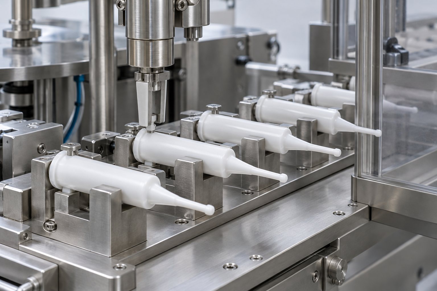 Intramammary applicator barrels held in horizontal nests with their fine tips protected.