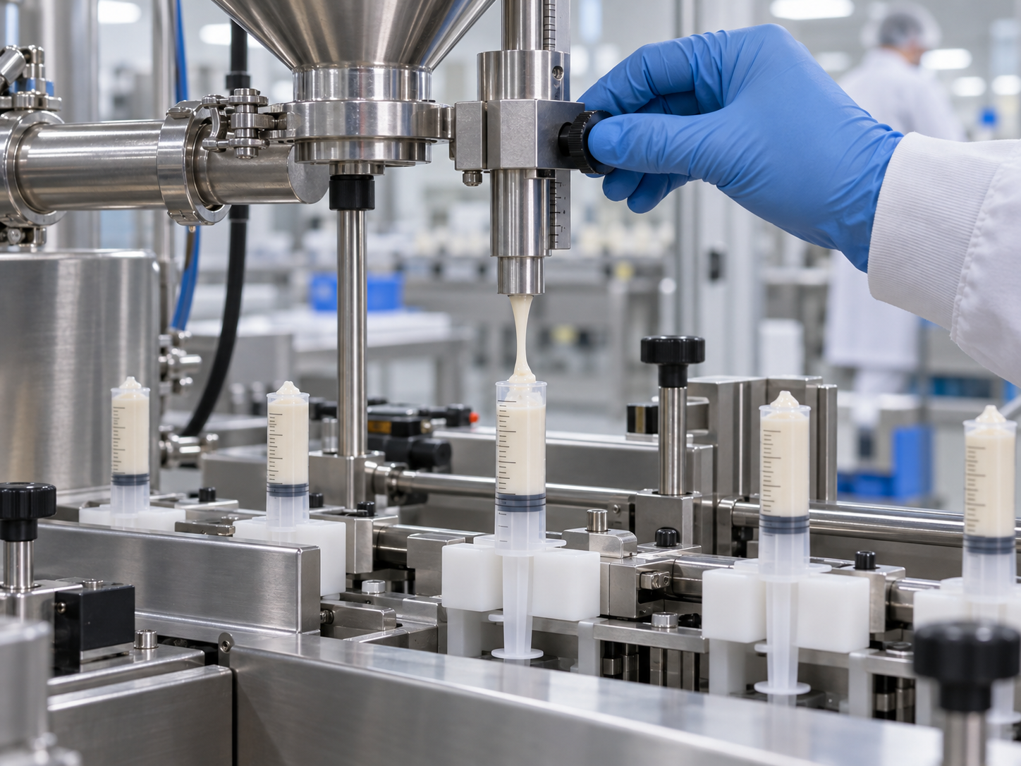 Filling nozzle positioned over veterinary syringes on a syringe filling line