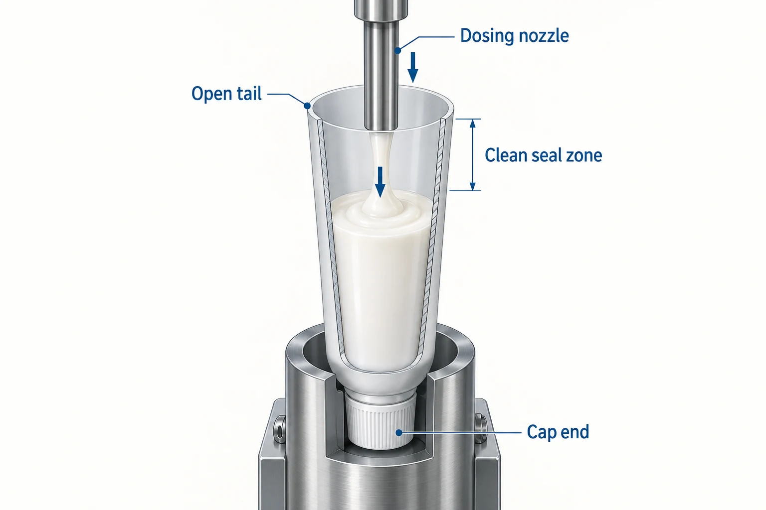 Cutaway of a dosing nozzle entering an open tube tail with the cap end down