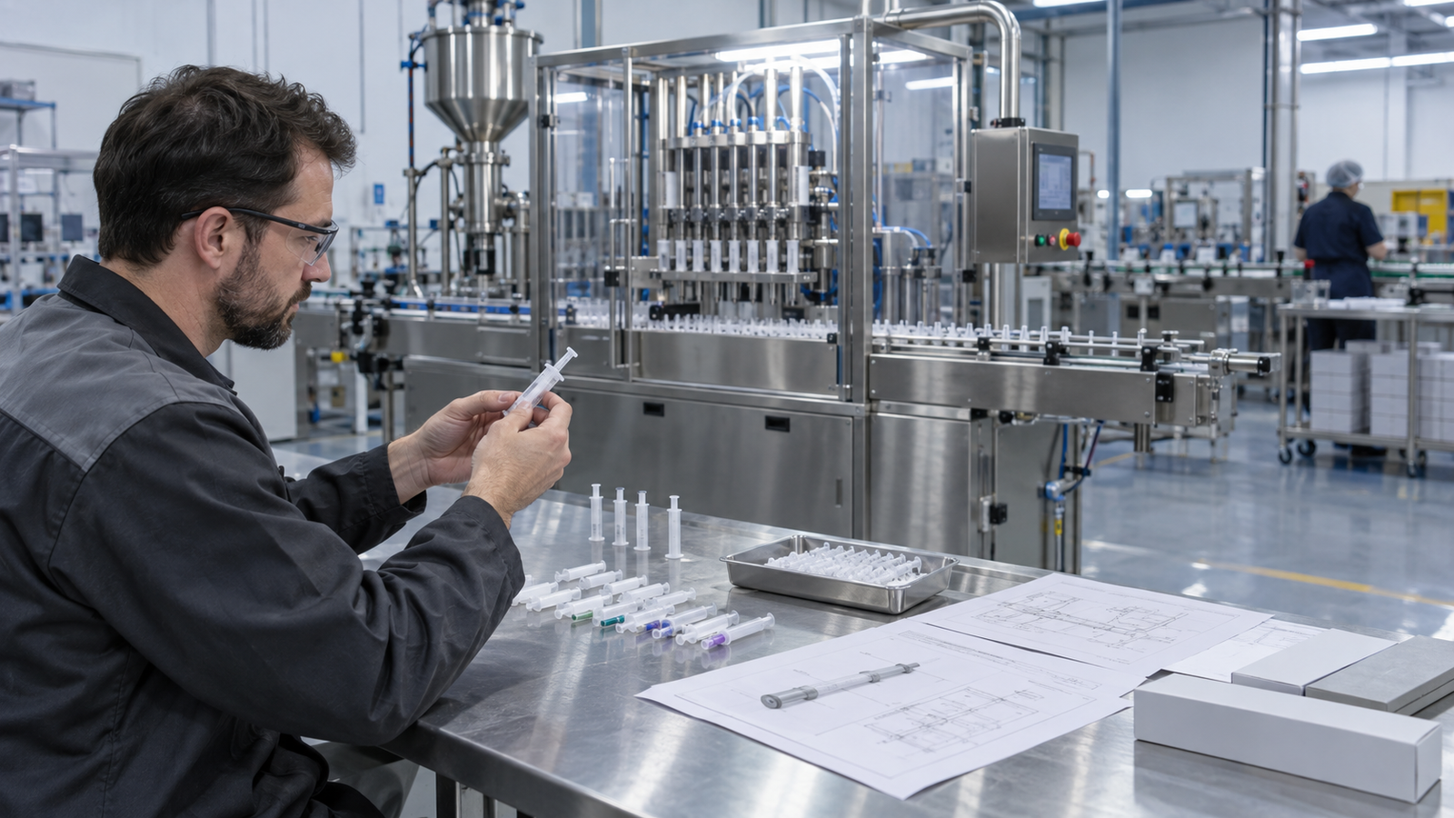 Engineer reviewing veterinary syringe samples and a filling machine specification